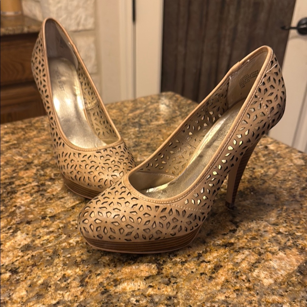 Nine West Tan laser cut platform Heels pumps